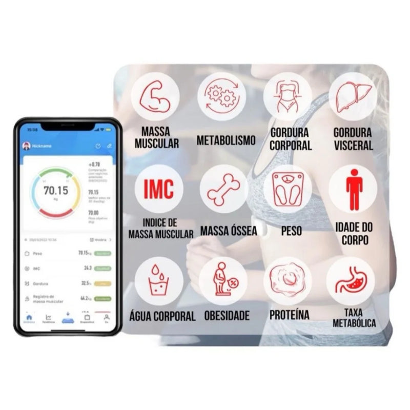 Balança de bioimpedância corporal digital Bluetooth de até 180 kg